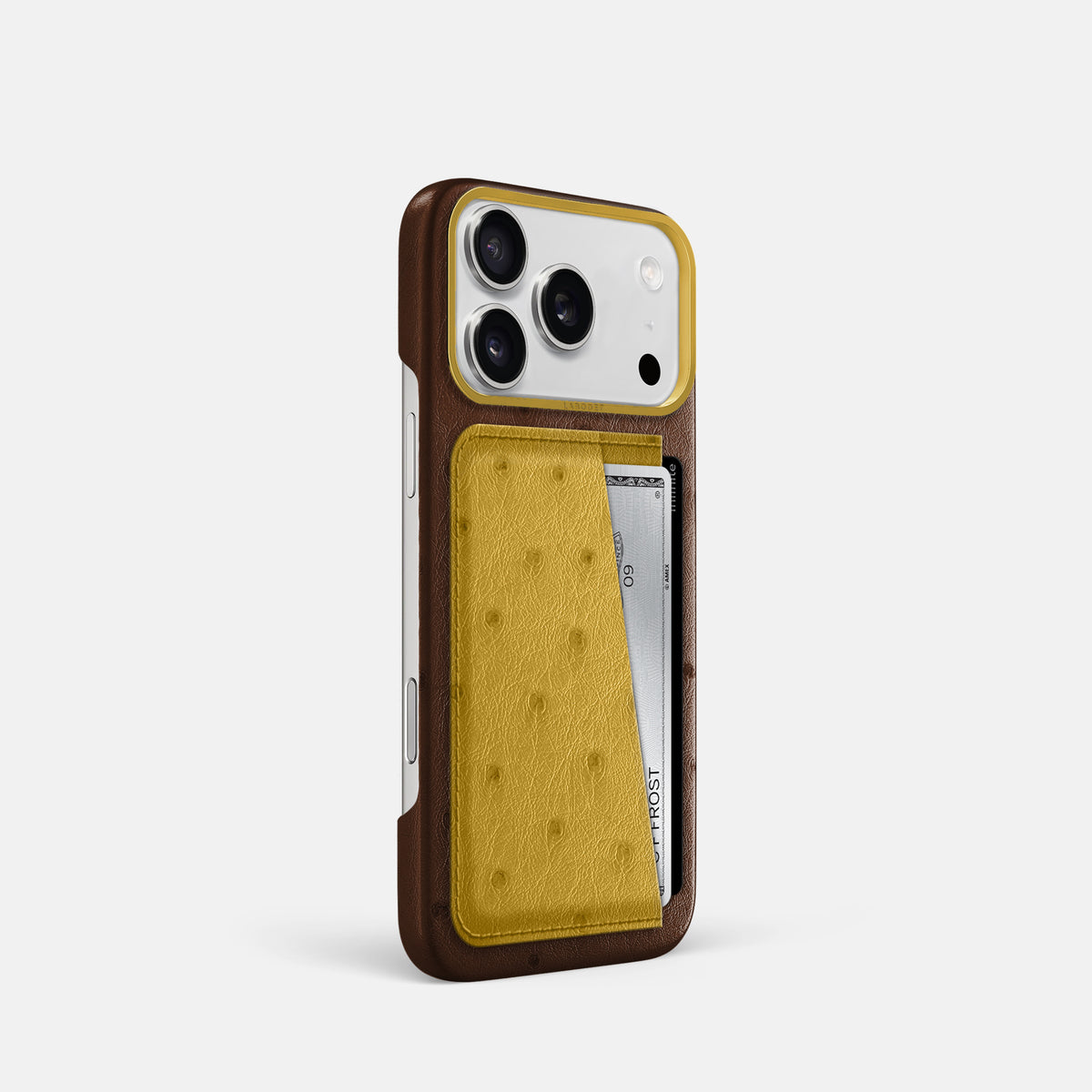 Double Card Case Coloré For iPhone 17 Pro In Ostrich -2 | Chocolate-Gold