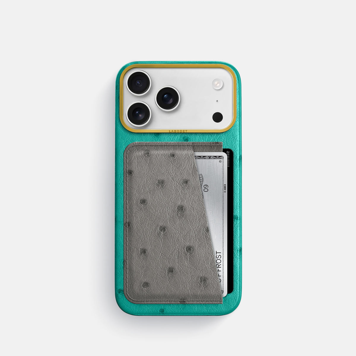 Double Card Case Coloré For iPhone 17 Pro In Ostrich -1 | Turquoise-Gold