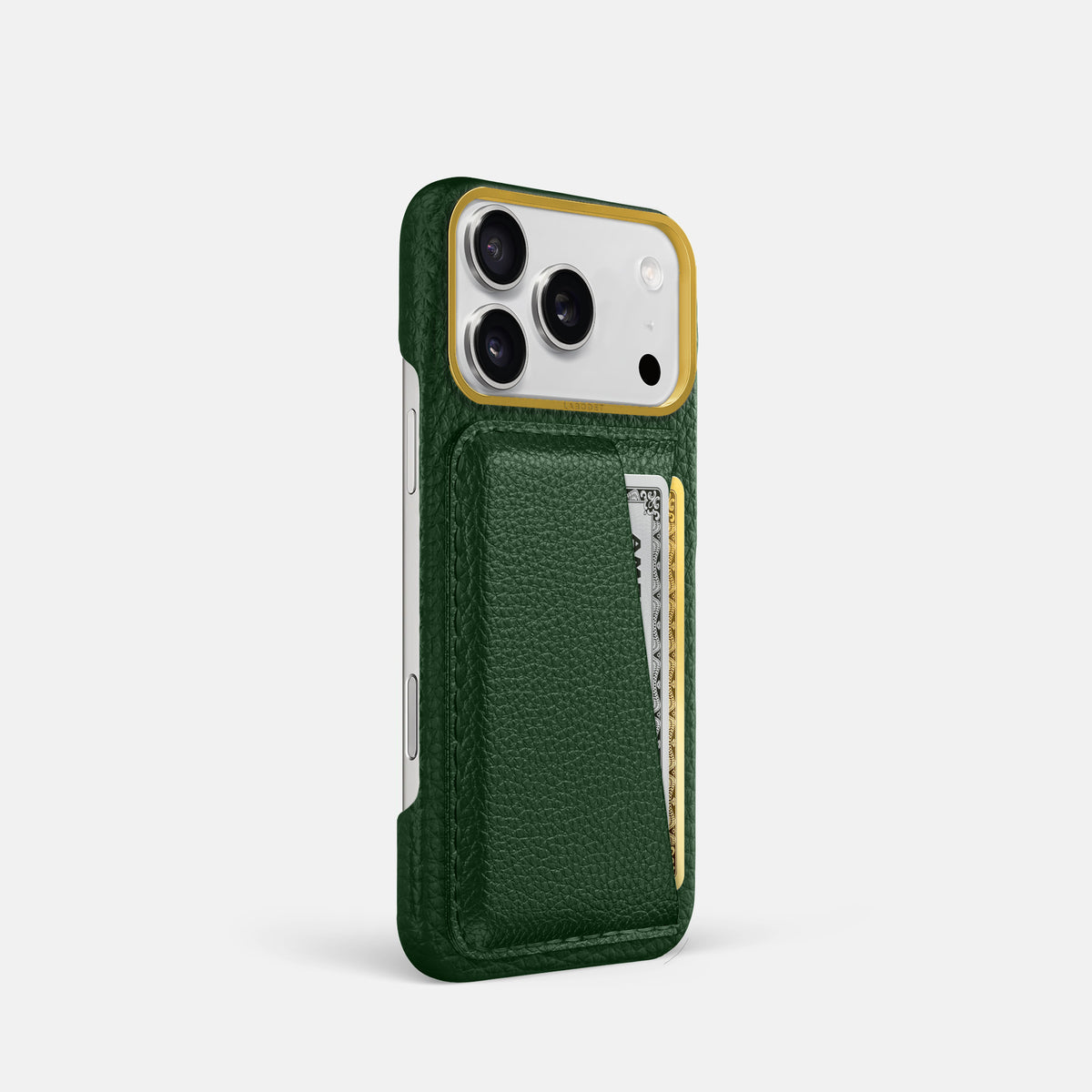 Double Card Case For iPhone 17 Pro In Calf -2 | Dark-Green-Gold