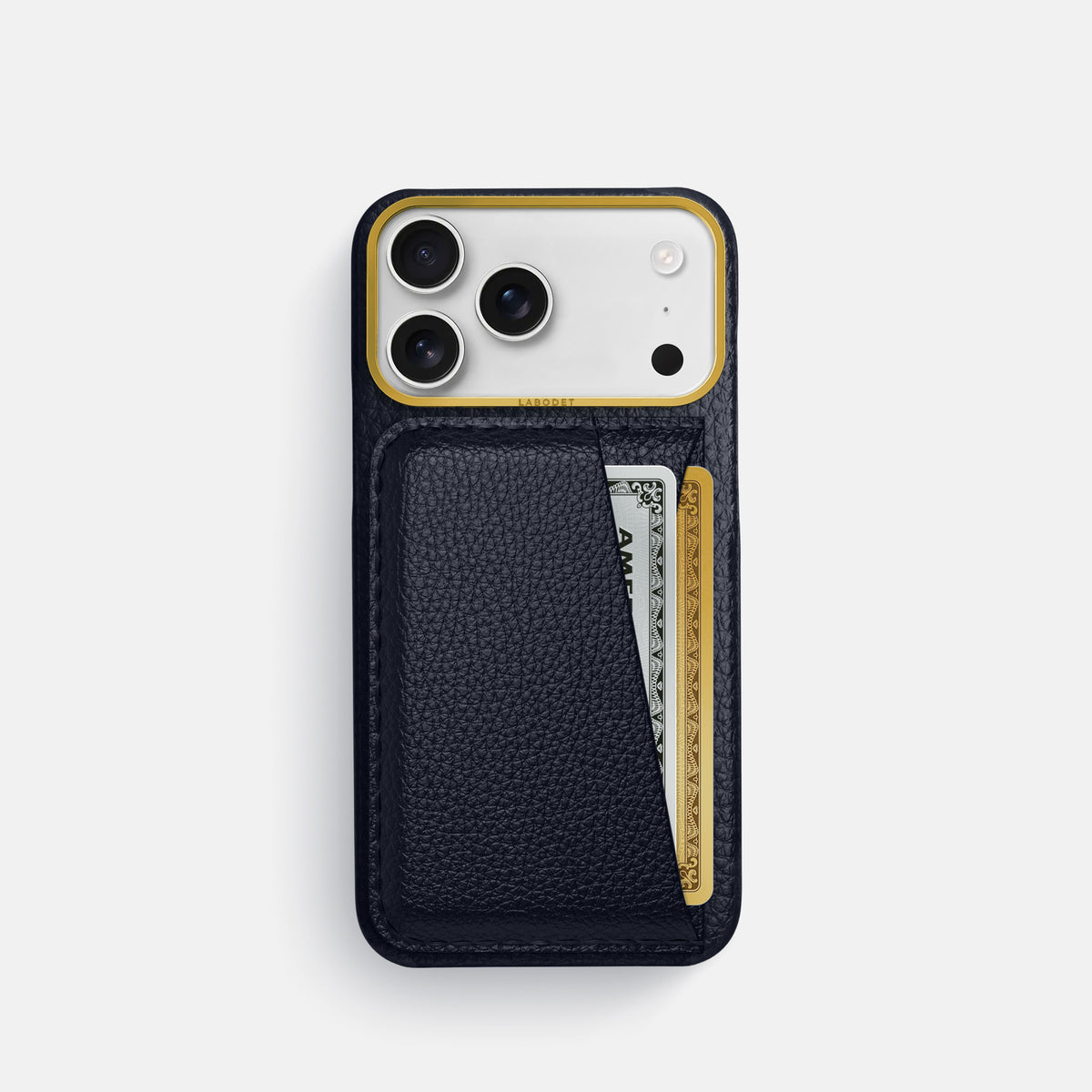 Double Card Case For iPhone 17 Pro In Calf -1 | Marine-Gold