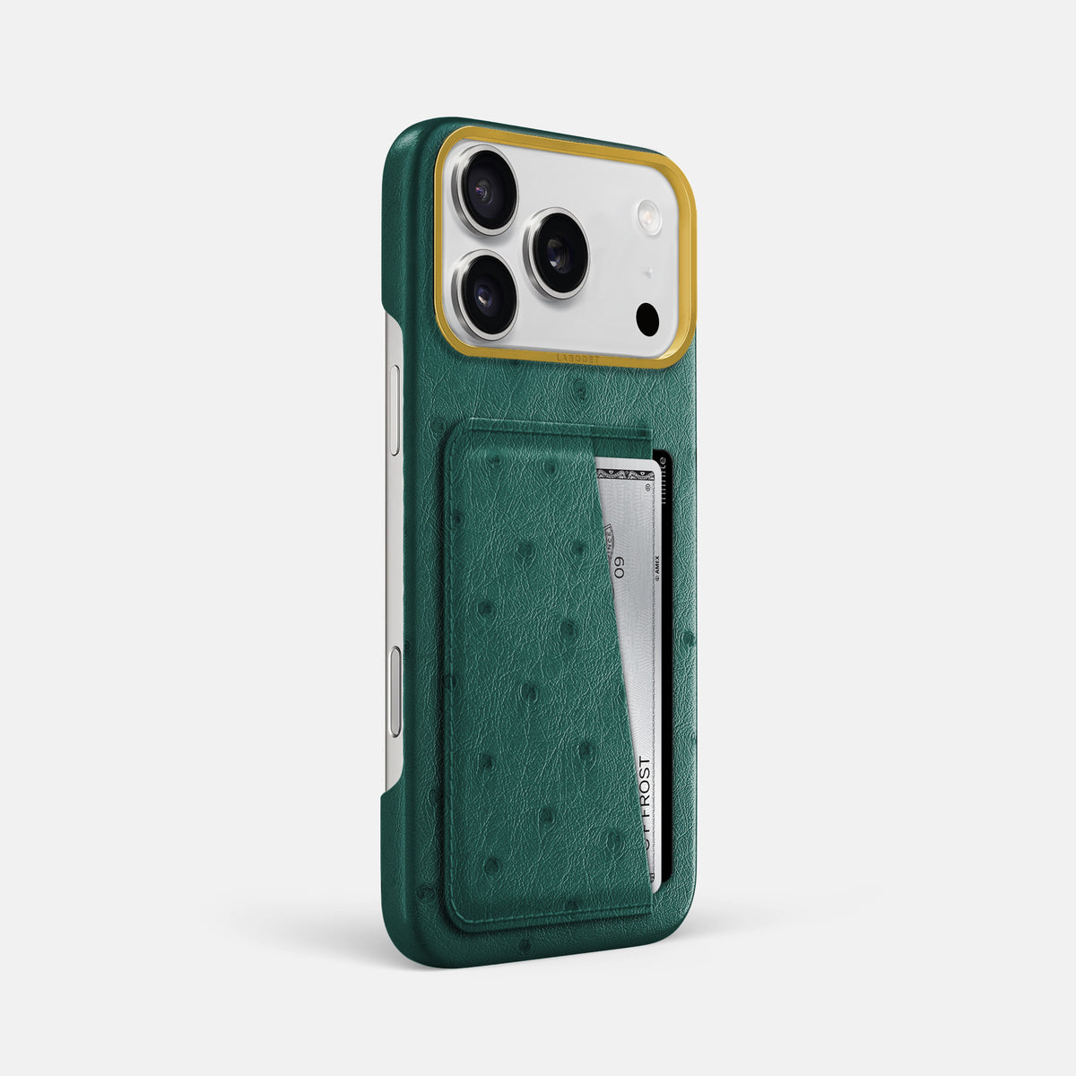 Double Card Case For iPhone 17 Pro Max In Ostrich -2 | Forest-Green-Gold