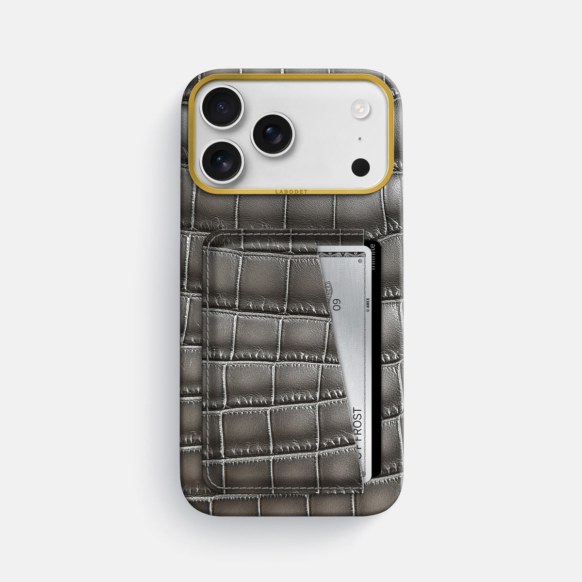Double Card Case For iPhone 17 Pro Max In Patina Alligator -1 | Grey-Gold