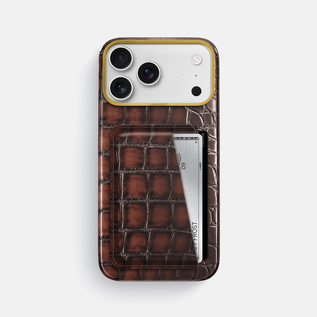 Double Card Case For iPhone 17 Pro Max In Patina Alligator -1 | Havana-Brown-Gold