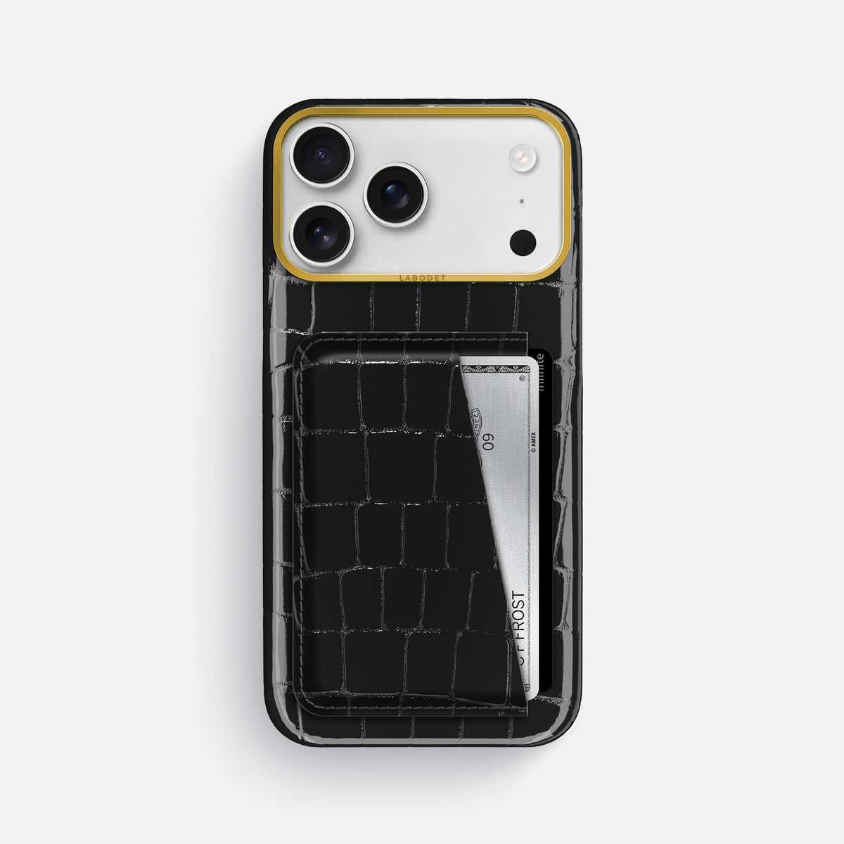 Double Card Case For iPhone 17 Pro Max In Shiny Alligator -1 | Black-Gold
