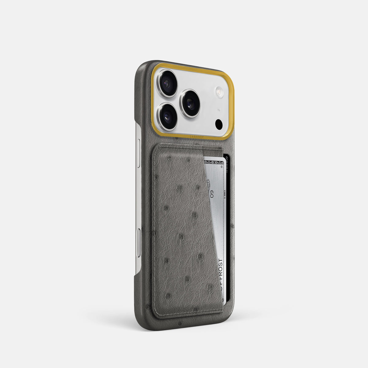 Double Card Case For iPhone 17 Pro In Ostrich -2 | Grey-Gold