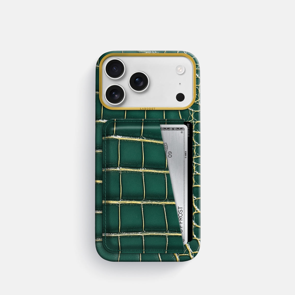Double Card Case For iPhone 17 Pro In Patina Alligator -1 | Cambridge-Gold