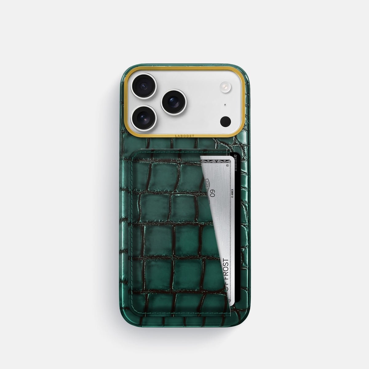 Double Card Case For iPhone 17 Pro In Patina Alligator -1 | Green-Gold