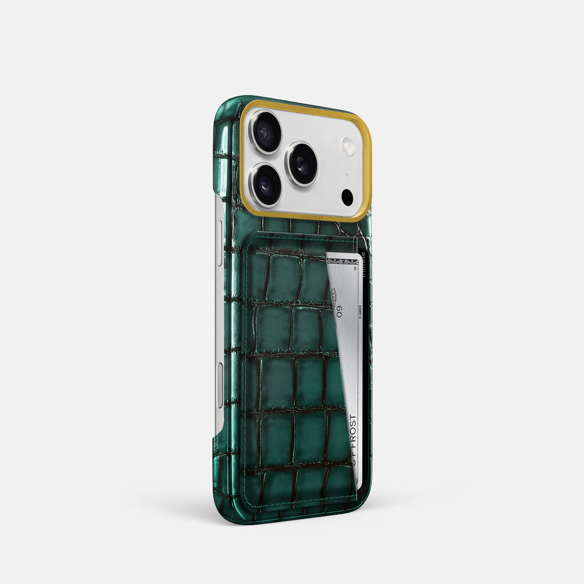 Double Card Case For iPhone 17 Pro In Patina Alligator -2 | Green-Gold