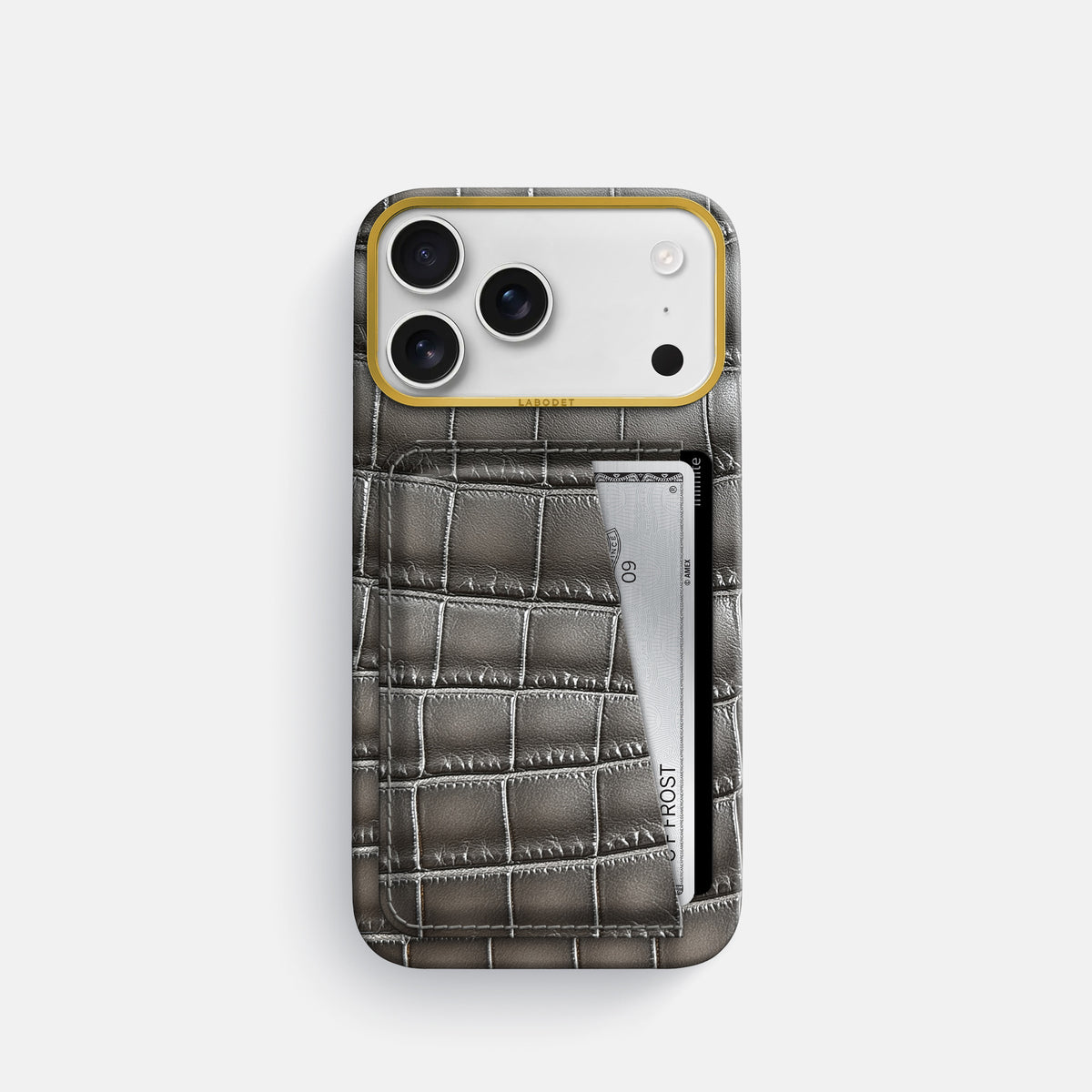Double Card Case For iPhone 17 Pro In Patina Alligator -1 | Grey-Gold
