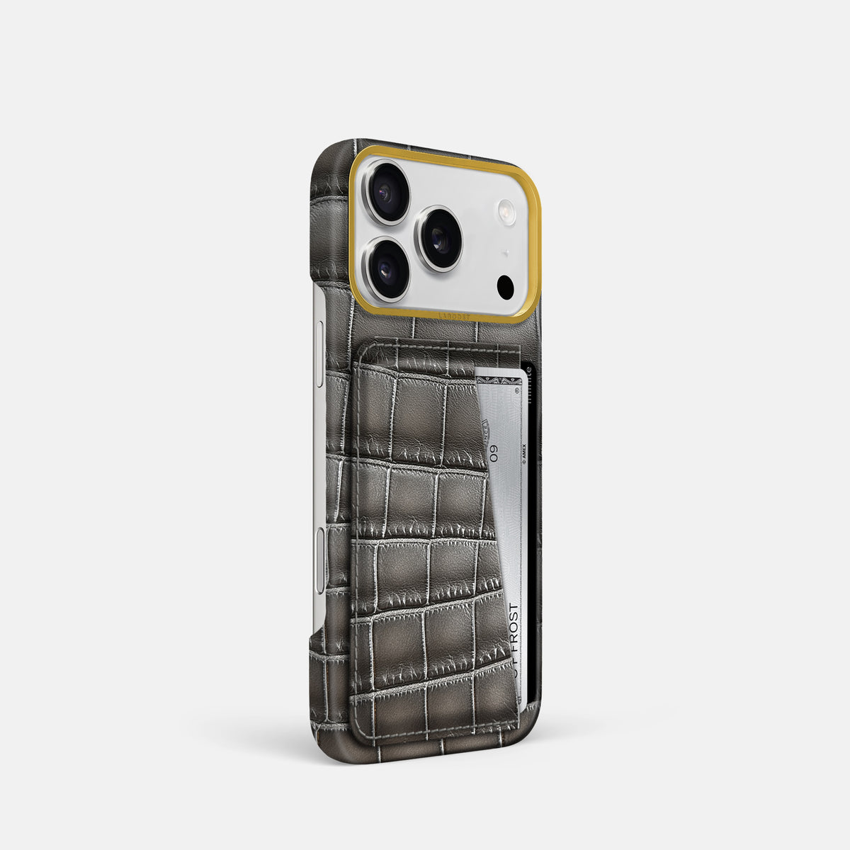 Double Card Case For iPhone 17 Pro In Patina Alligator -2 | Grey-Gold