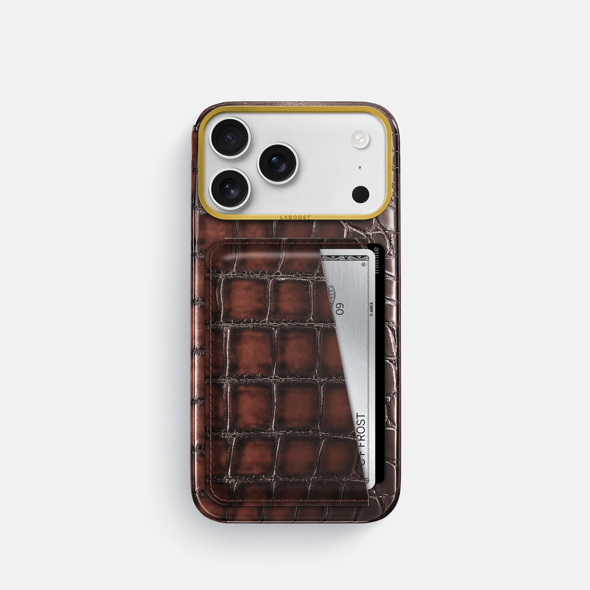 Double Card Case For iPhone 17 Pro In Patina Alligator -1 | Havana-Brown-Gold