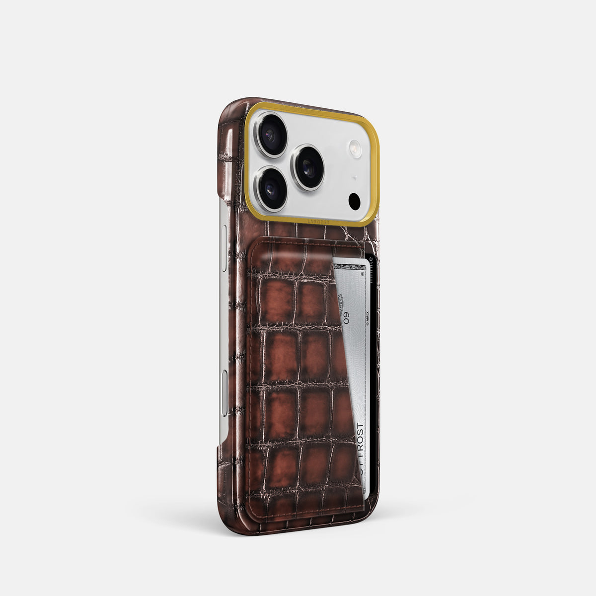 Double Card Case For iPhone 17 Pro In Patina Alligator -2 | Havana-Brown-Gold