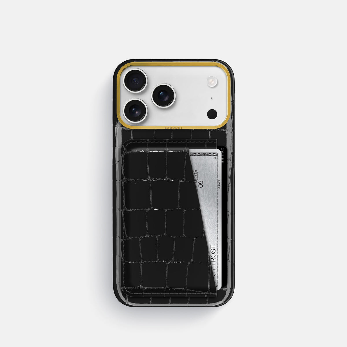 Double Card Case For iPhone 17 Pro In Shiny Alligator -1 | Black-Gold