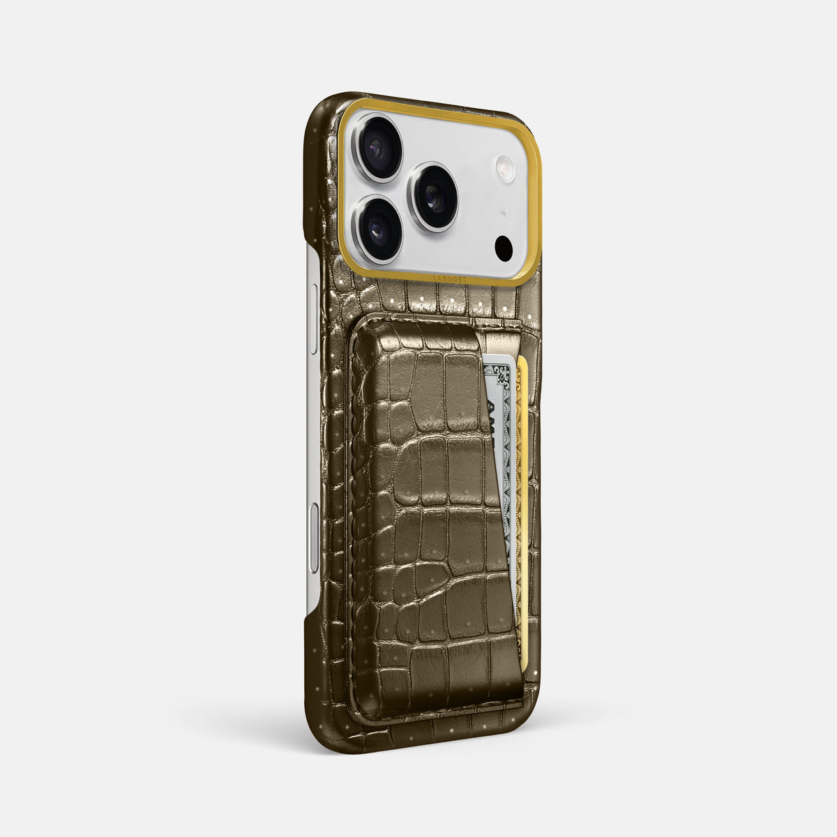Double Card Case For iPhone 18 Pro Max In Porosus Crocodile -2 | Bronze-Gold