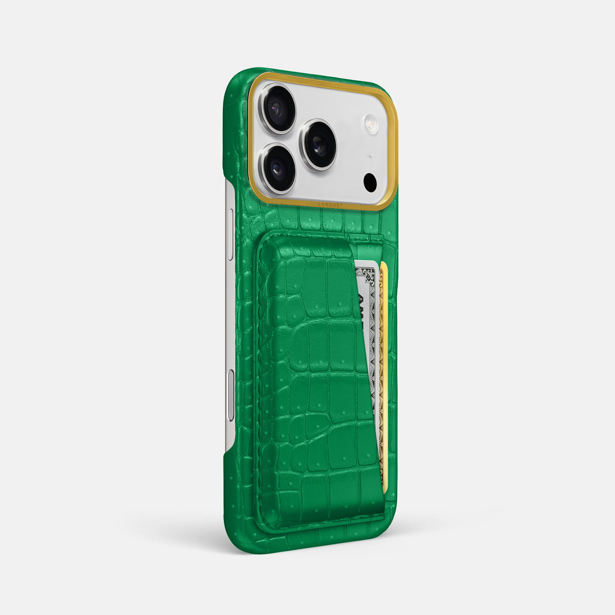 Double Card Case For iPhone 18 Pro Max In Porosus Crocodile -2 | Cactus-Green-Gold
