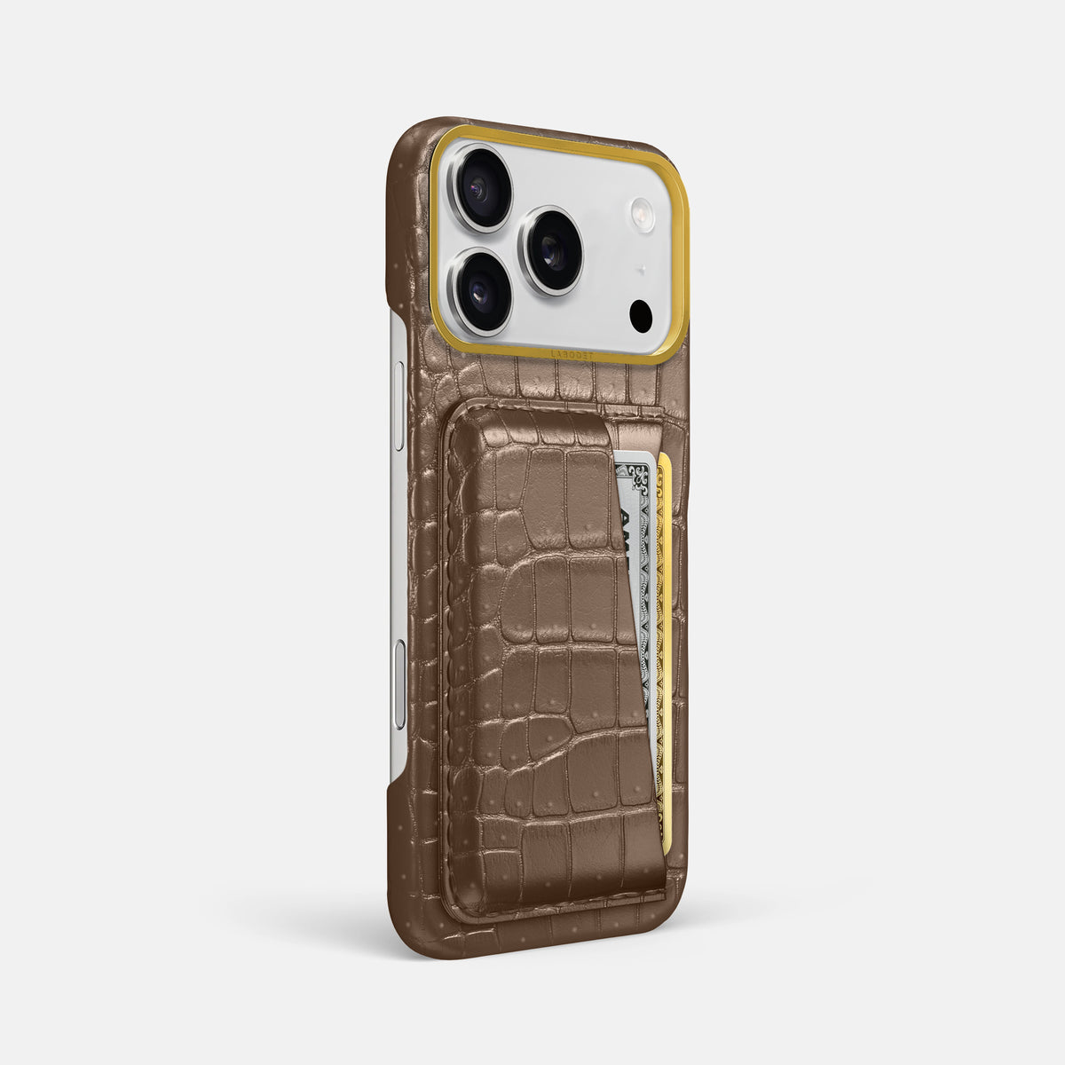 Double Card Case For iPhone 18 Pro Max In Porosus Crocodile -2 | Fur-Brown-Gold