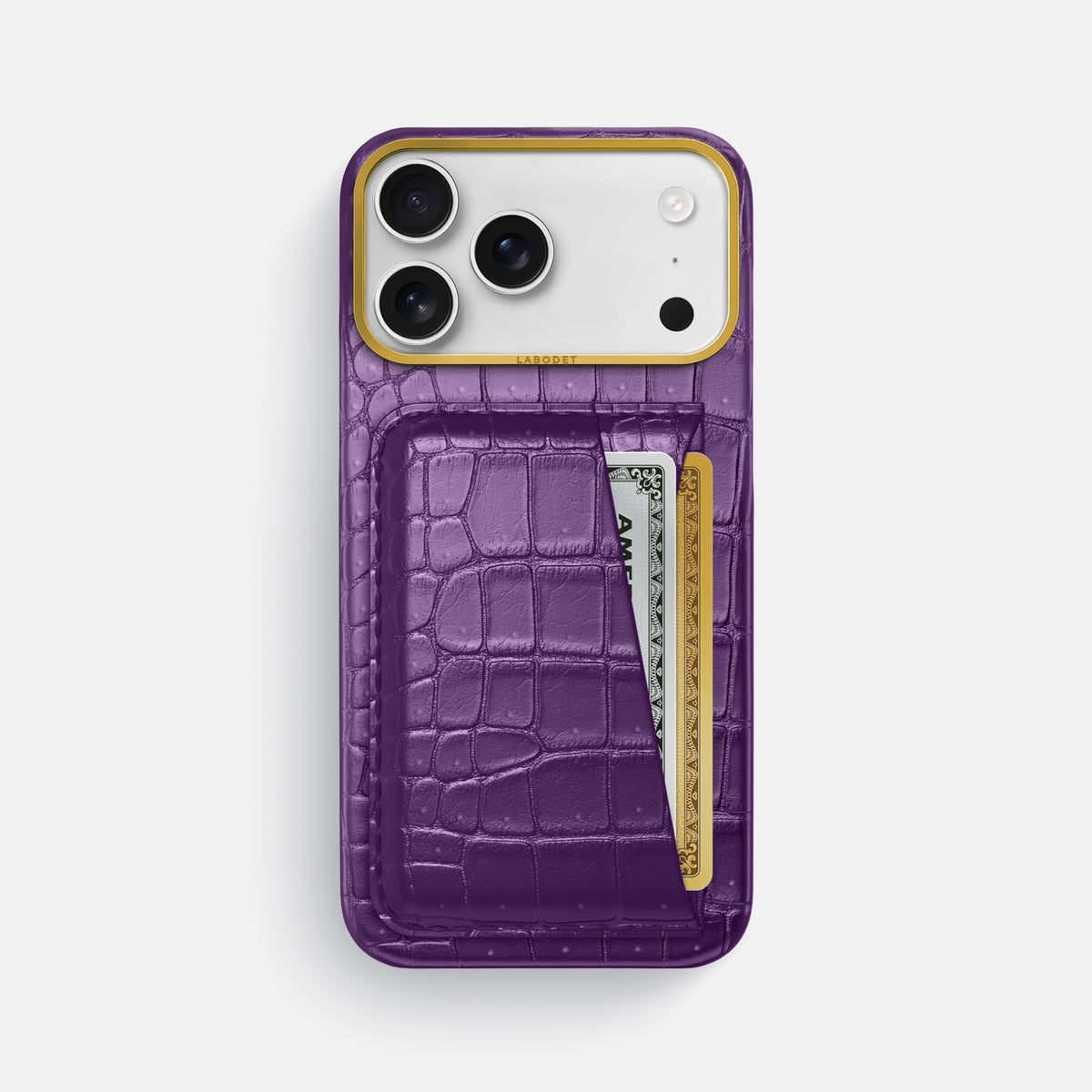 Double Card Case For iPhone 18 Pro Max In Porosus Crocodile -1 | Purple-Gold