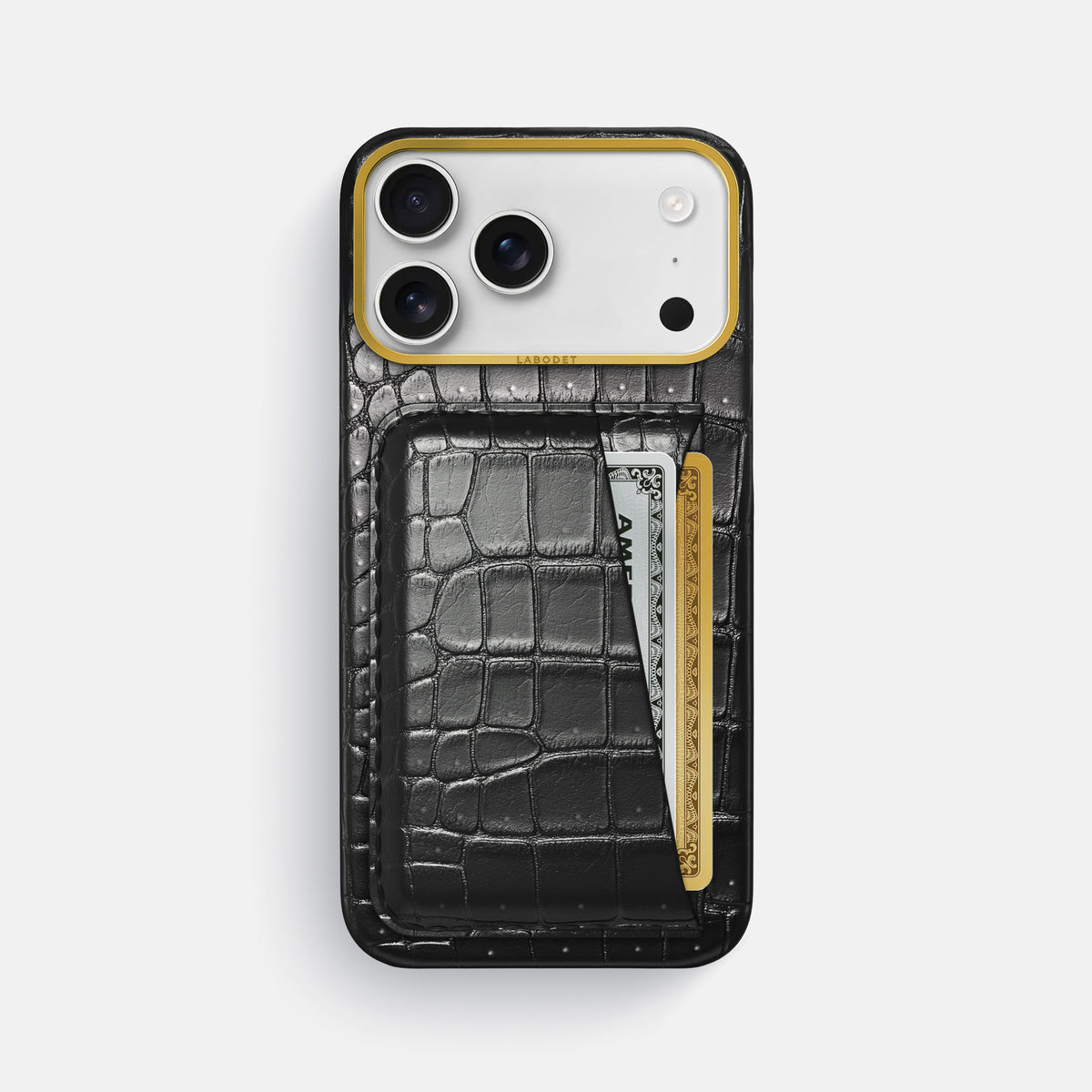 Double Card Case For iPhone 18 Pro Max In Porosus Crocodile -1 | Shiny-Black-Gold