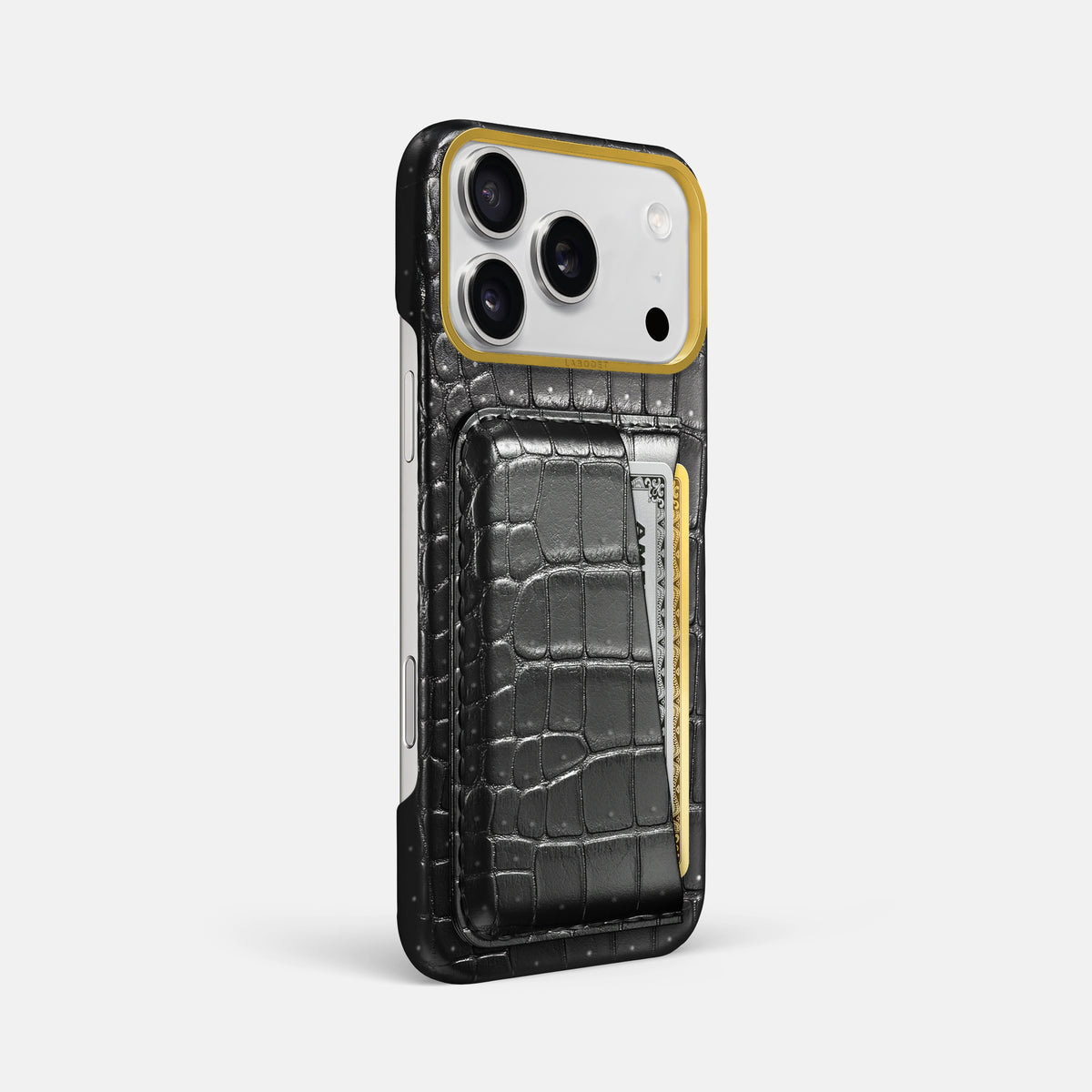 Double Card Case For iPhone 18 Pro Max In Porosus Crocodile -2 | Shiny-Black-Gold