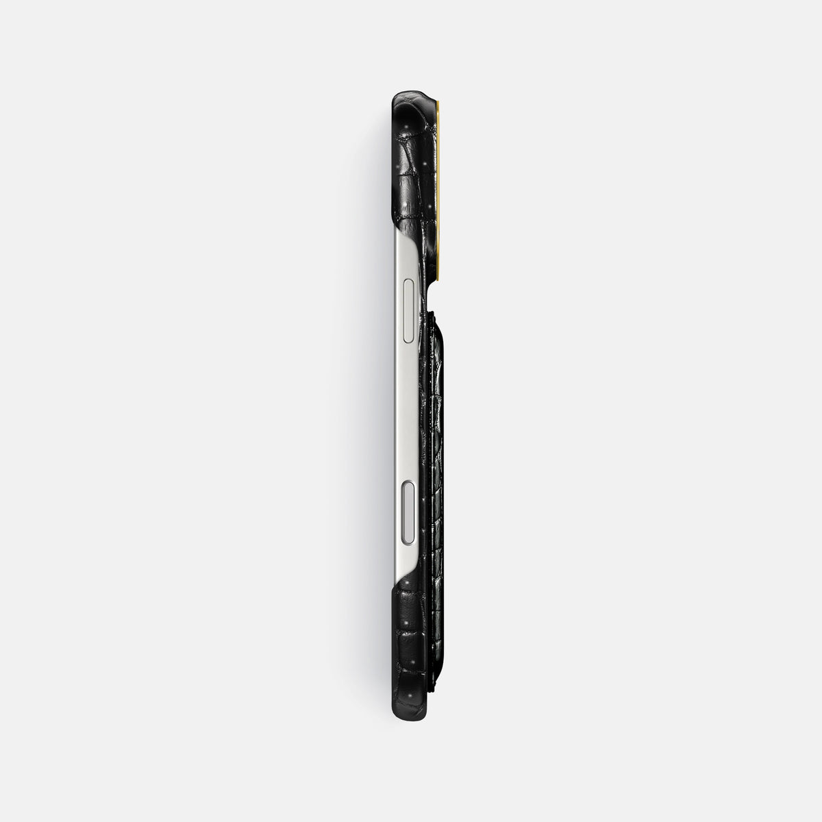 Double Card Case For iPhone 18 Pro Max In Porosus Crocodile -3 | Shiny-Black-Gold