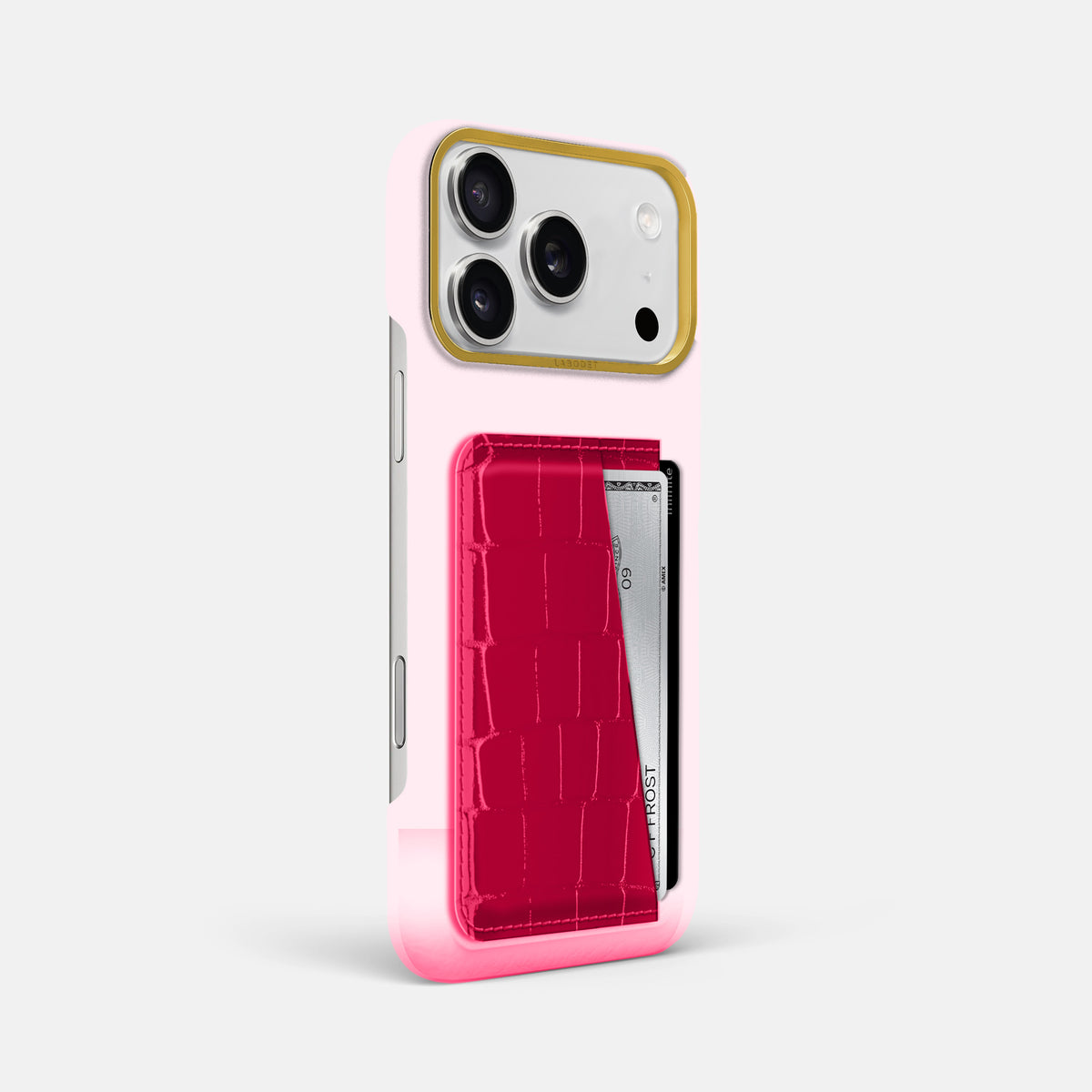 Double Card Case For iPhone 18 Pro Max In Shiny Alligator -2 | Pink-Panther-Gold