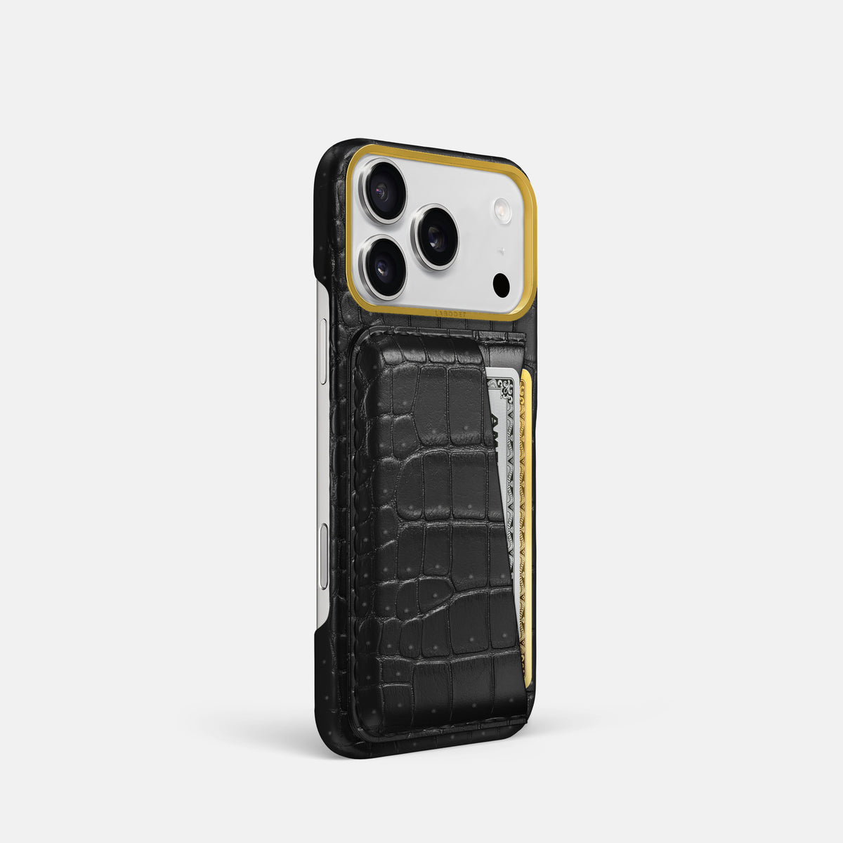 Double Card Case For iPhone 18 Pro In Porosus Crocodile -2 | Black-Gold