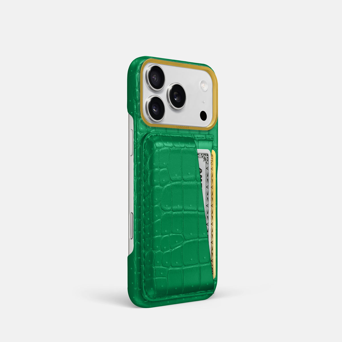 Double Card Case For iPhone 18 Pro In Porosus Crocodile -2 | Cactus-Green-Gold