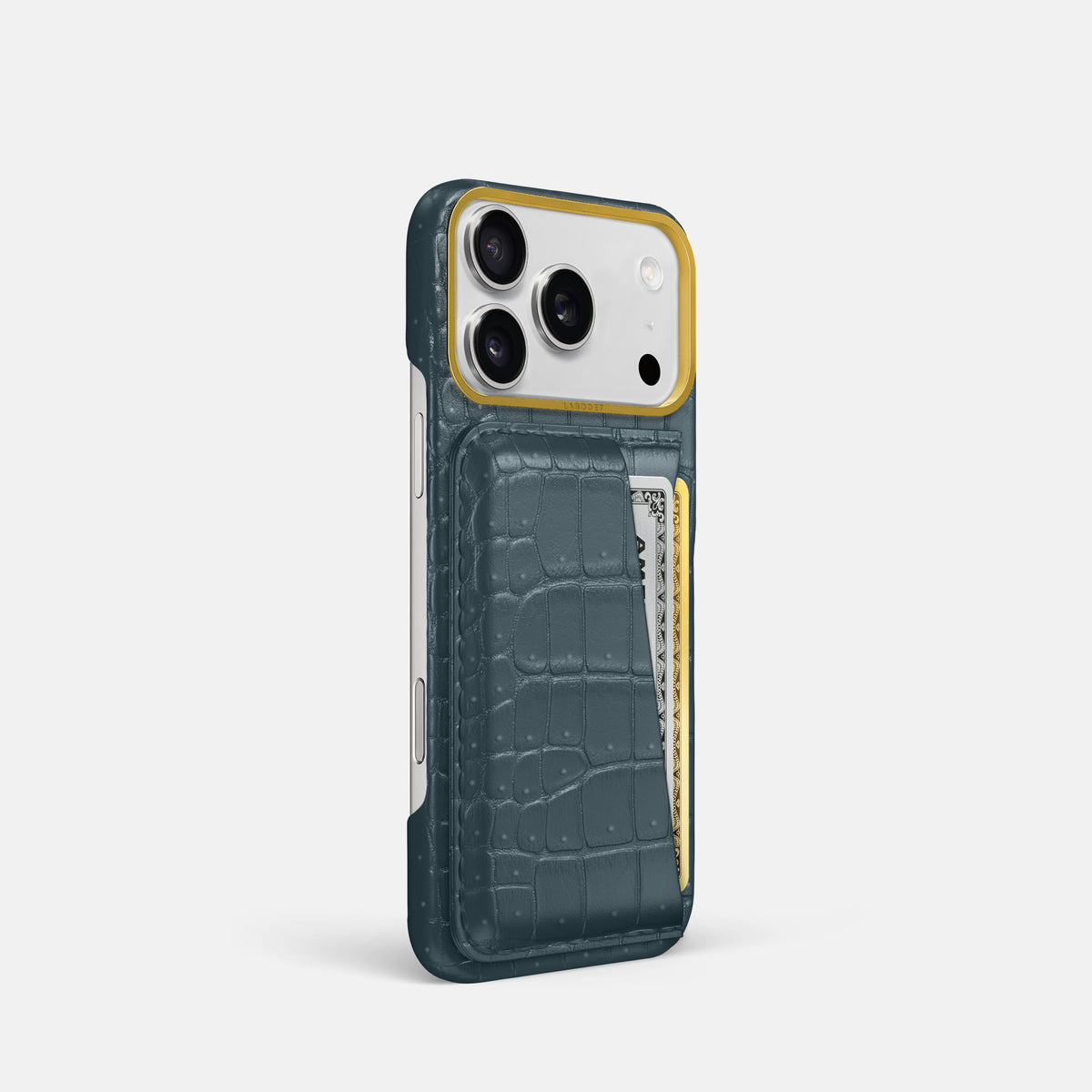 Double Card Case For iPhone 18 Pro In Porosus Crocodile -2 | Denim-Gold