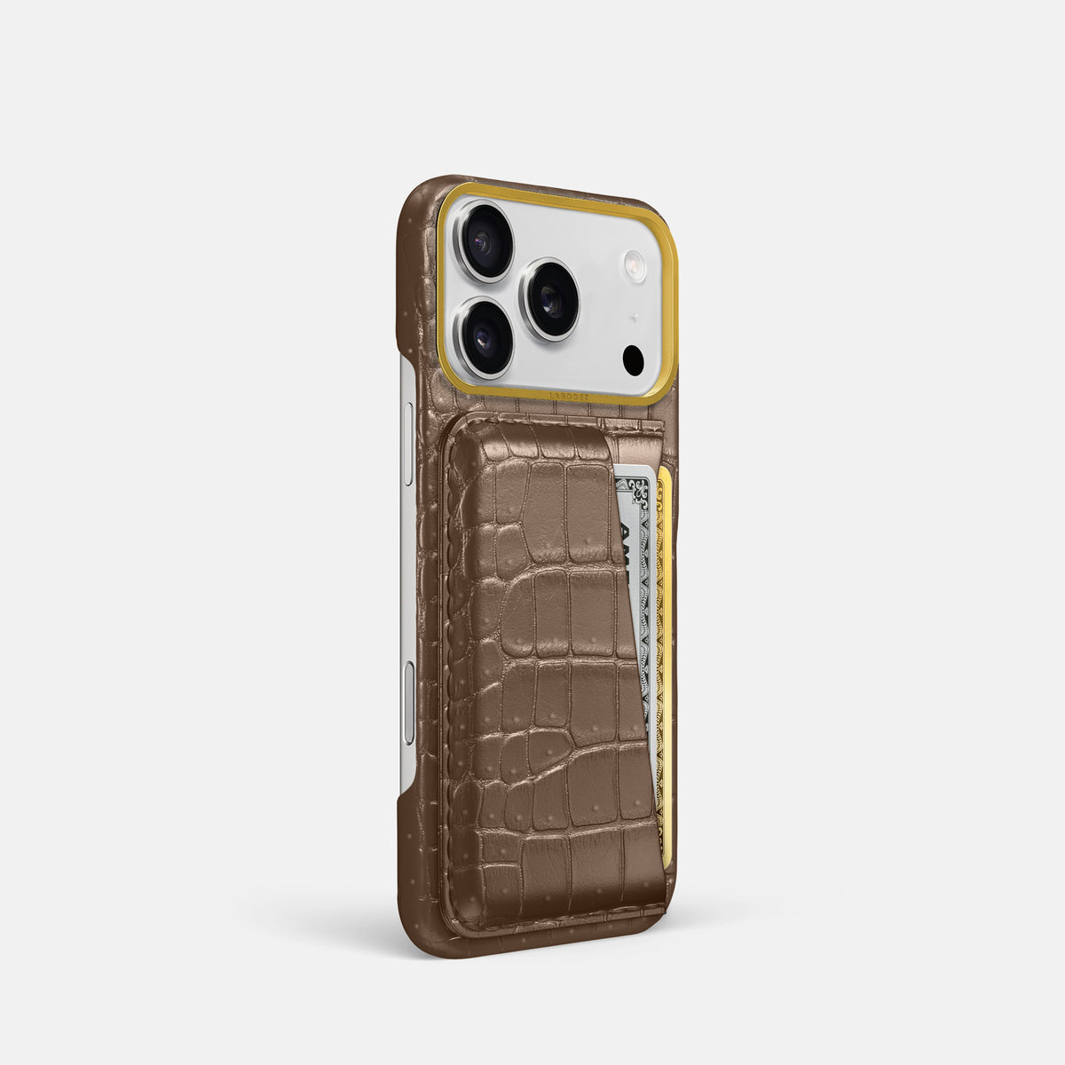 Double Card Case For iPhone 18 Pro In Porosus Crocodile -2 | Fur-Brown-Gold