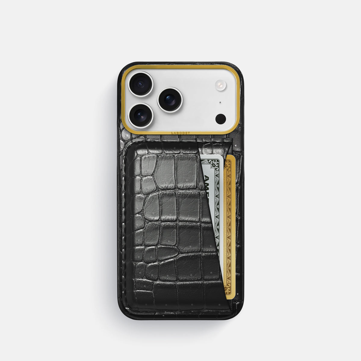 Double Card Case For iPhone 18 Pro In Porosus Crocodile -1 | Shiny-Black-Gold