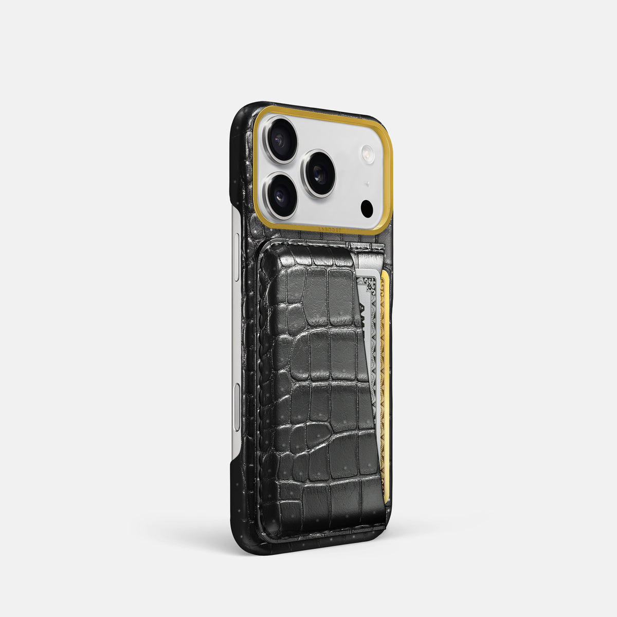 Double Card Case For iPhone 18 Pro In Porosus Crocodile -2 | Shiny-Black-Gold