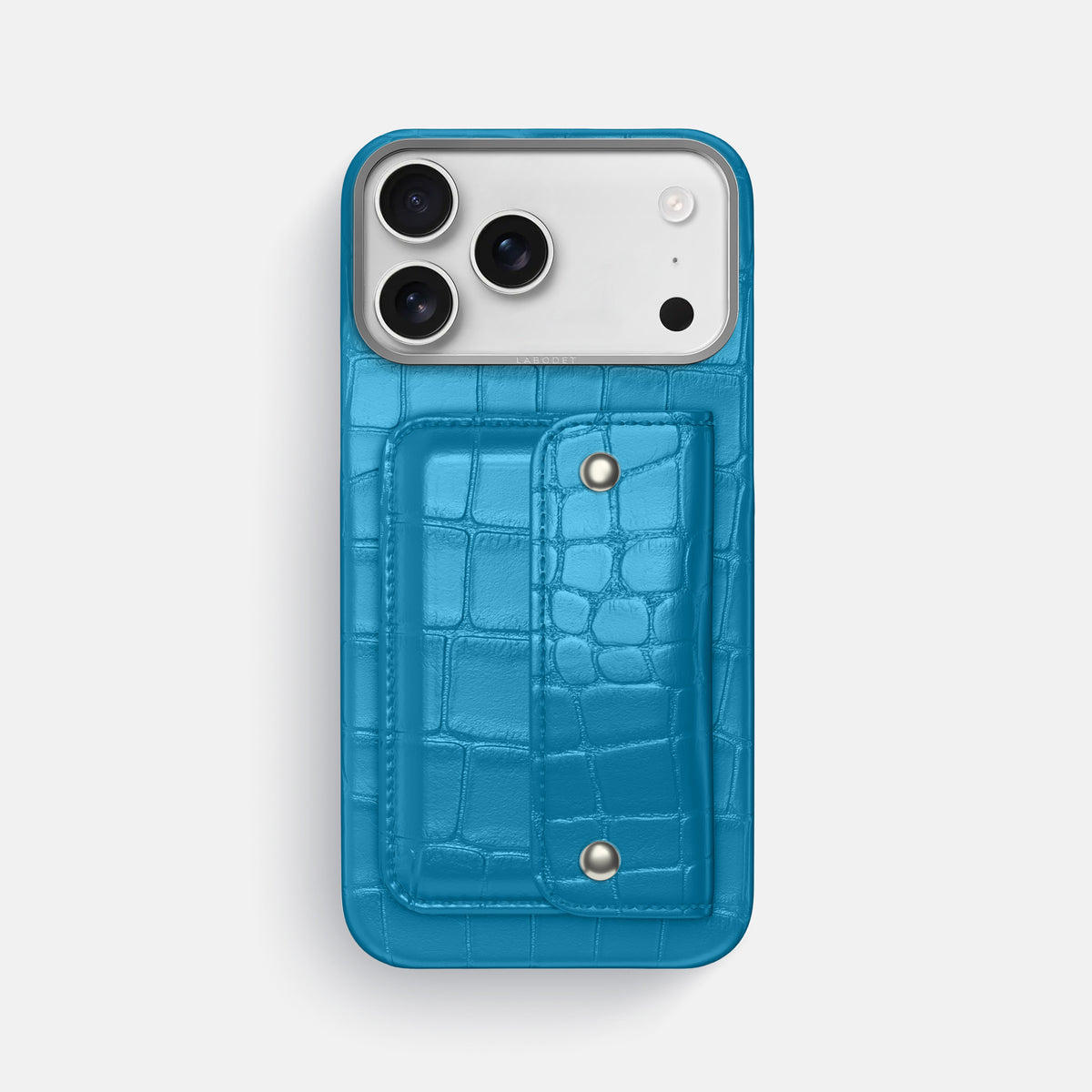 Curaçao-Blue iPhone 17 Pro Max Envelope Case In Alligator with Steel Metal -1 | Curaçao-Blue-Steel