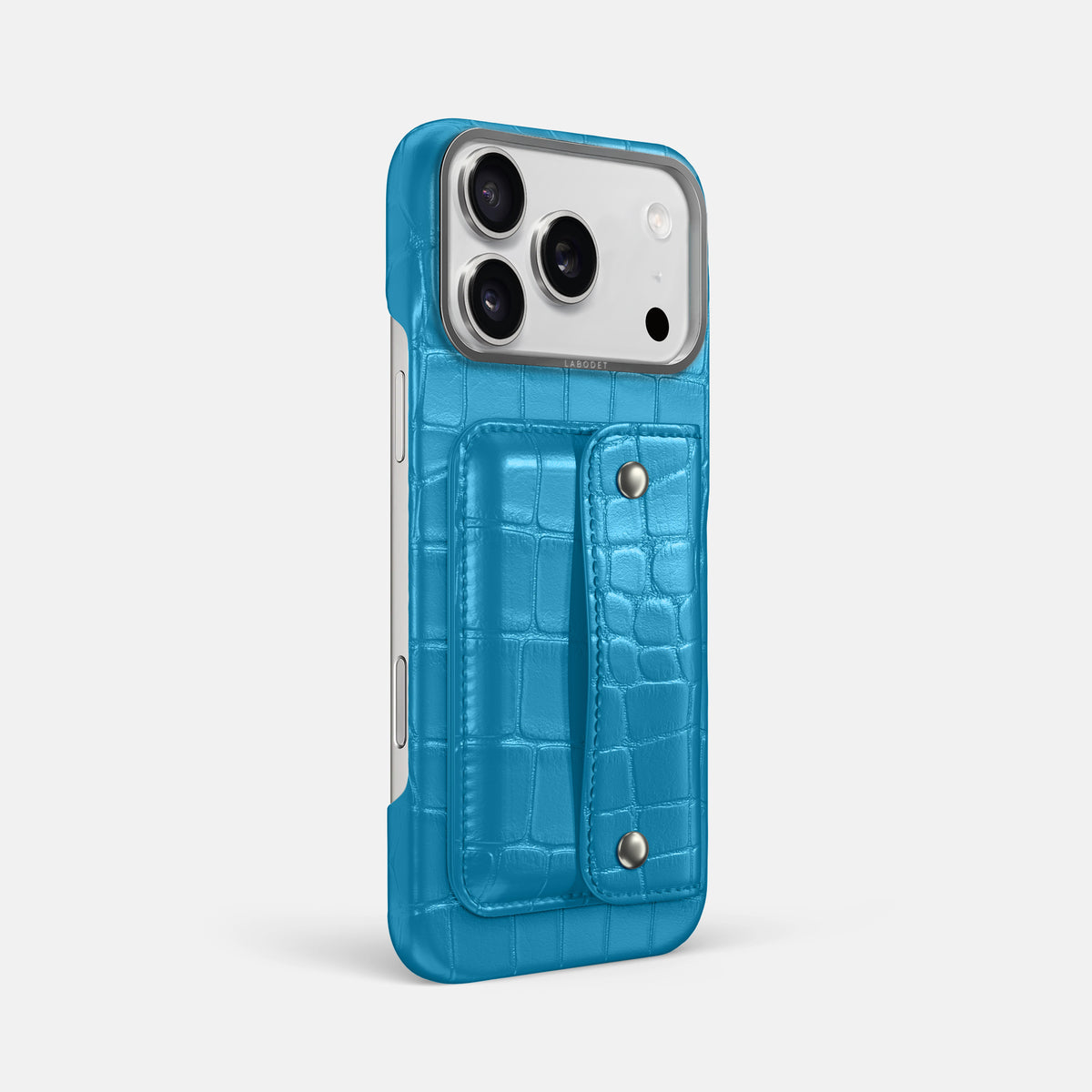 Curaçao-Blue iPhone 17 Pro Max Envelope Case In Alligator with Steel Metal -3 | Curaçao-Blue-Steel