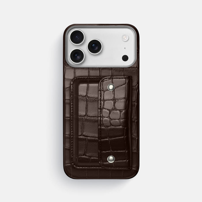 Dark-Brown iPhone 17 Pro Max Envelope Case In Alligator with Steel Metal -1 | Dark-Brown-Steel
