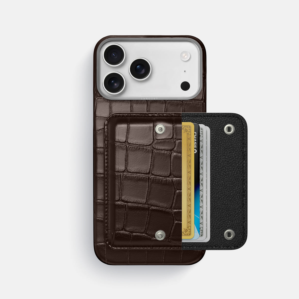 Dark-Brown iPhone 17 Pro Max Envelope Case In Alligator with Steel Metal -2 | Dark-Brown-Steel