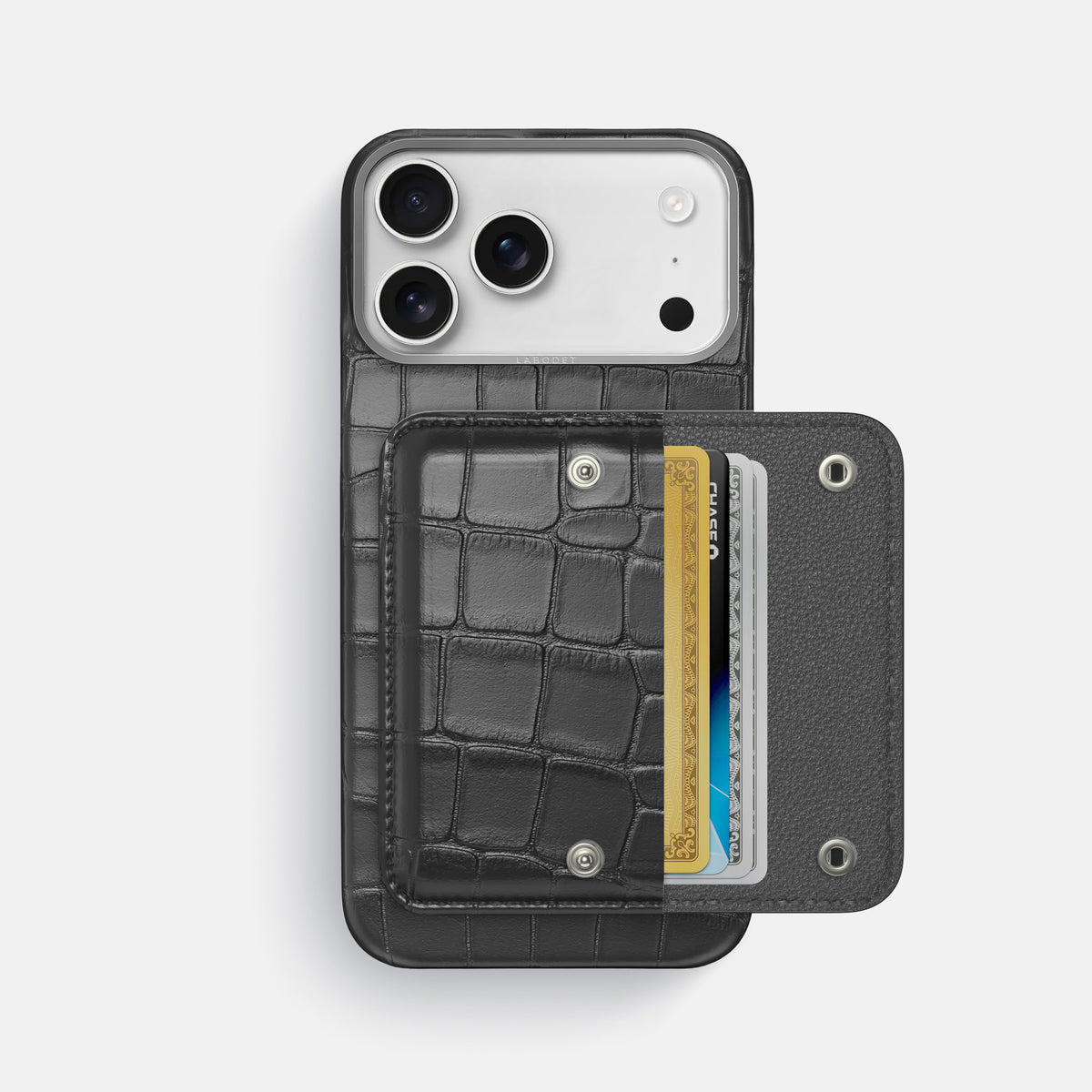 Grey iPhone 17 Pro Max Envelope Case In Alligator with Steel Metal -2 | Grey-Steel