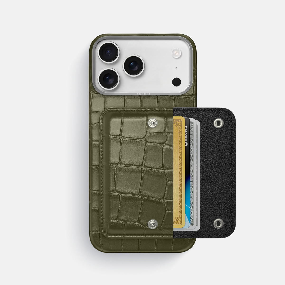 Kaki-Green iPhone 17 Pro Max Envelope Case In Alligator with Steel Metal -2 | Kaki-Green-Steel
