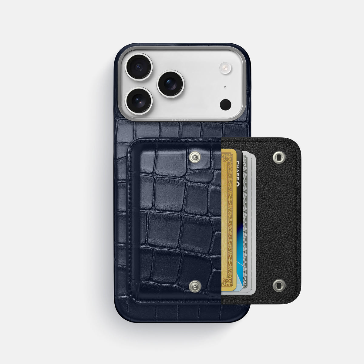 Navy Blue iPhone 17 Pro Max Envelope Case In Alligator with Steel Metal -2 | Navy-Blue-Steel