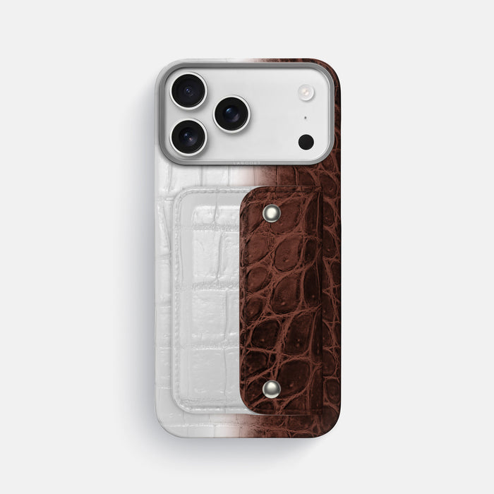 Dark Brown iPhone 17 Pro Max Envelope Case Himalayan Crocodile with Steel Metal -1 | Dark-Brown-Steel