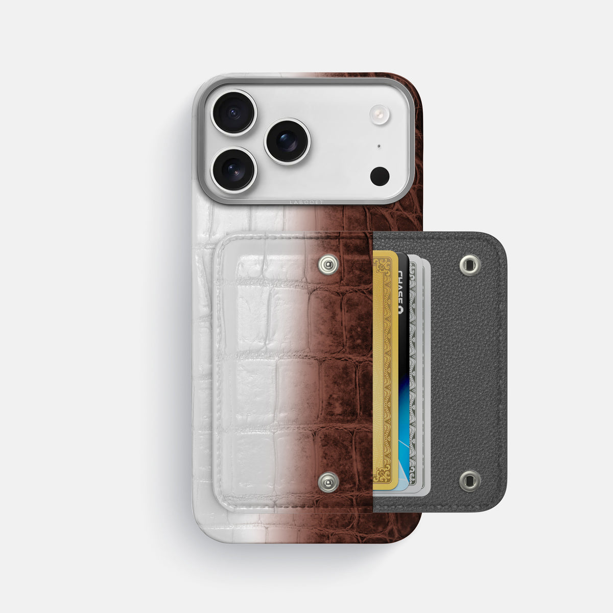 Dark Brown iPhone 17 Pro Max Envelope Case Himalayan Crocodile with Steel Metal -2 | Dark-Brown-Steel