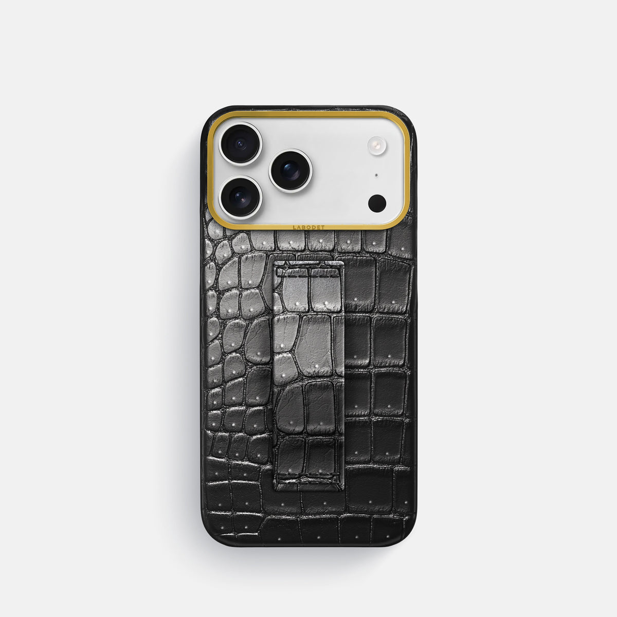 Finger Case For iPhone 17 Pro In Porosus Crocodile -1 | Shiny-Black-Gold