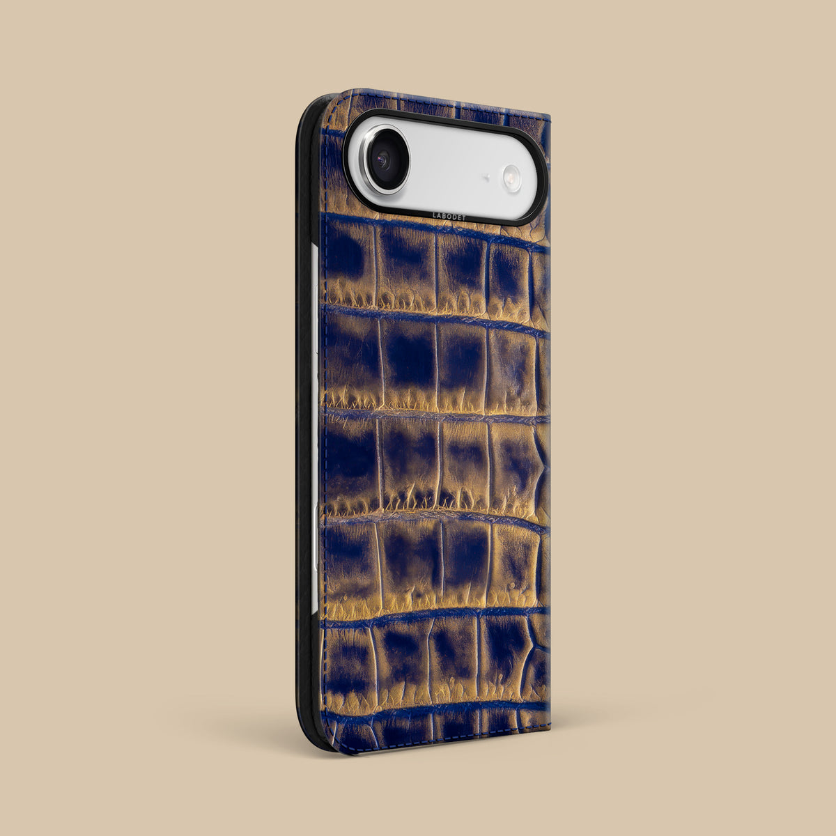 Golden-Blue iPhone 17 Air Folio Case 1/1 Alligator with Black Metal -1 | Golden-Blue-Black