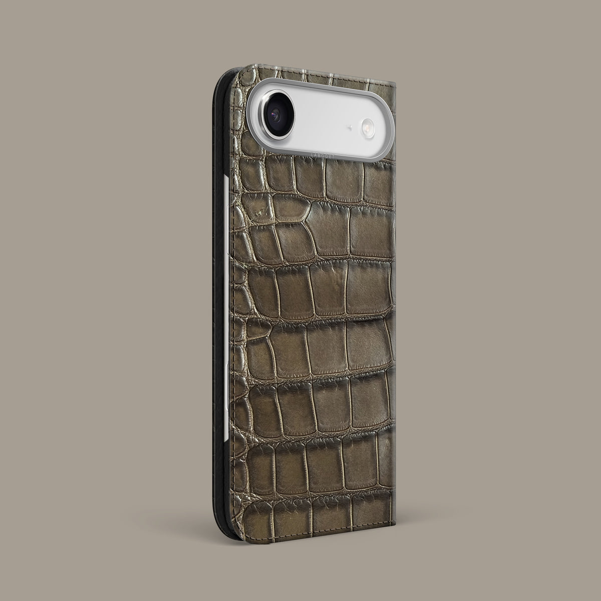Kaki-Brown iPhone 17 Air Folio Case 1/1 Alligator with Steel Metal -1 | Kaki-Brown-Steel