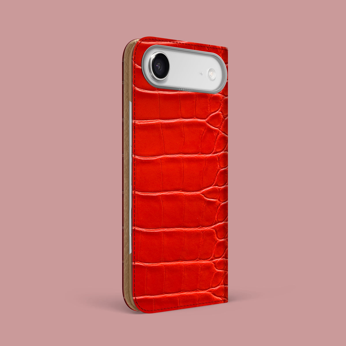 iPhone 17 Air Folio Case Deep Coral Alligator with Steel Metal -1 | Deep-Coral-Steel