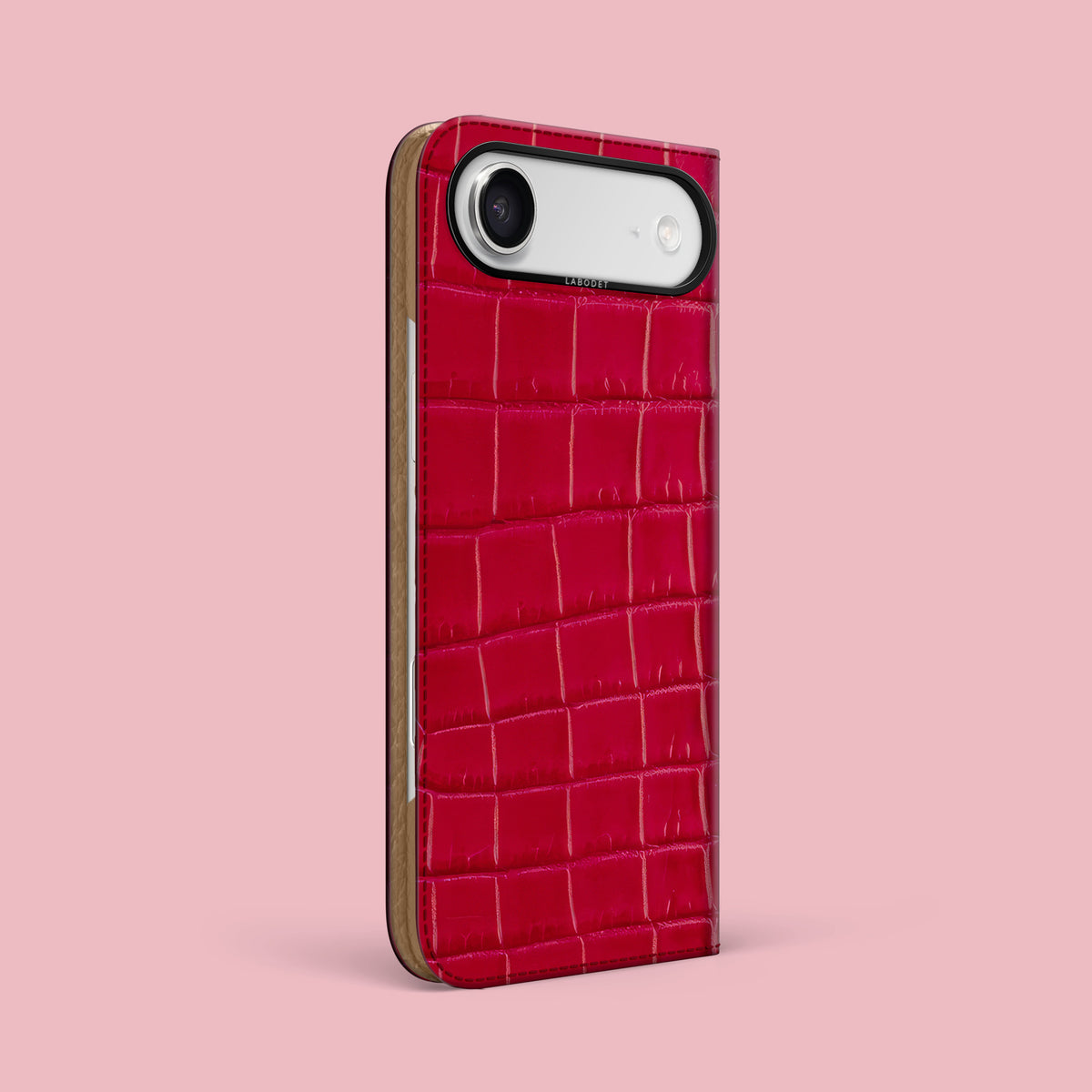 Lacquered-Pink iPhone 17 Air Folio Case 1/1 Alligator with Black Metal -1 | Lacquered-Pink-Black