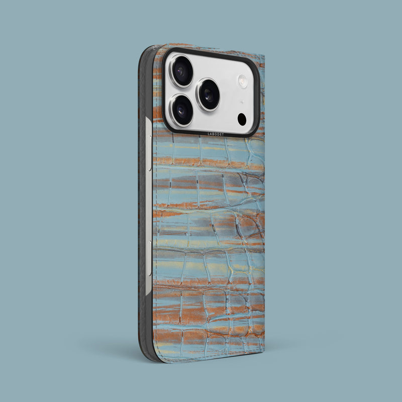 Copper-Blue iPhone 17 Pro Max Folio Case 1/1 Alligator with Black Metal -1 | Copper-Blue-Black
