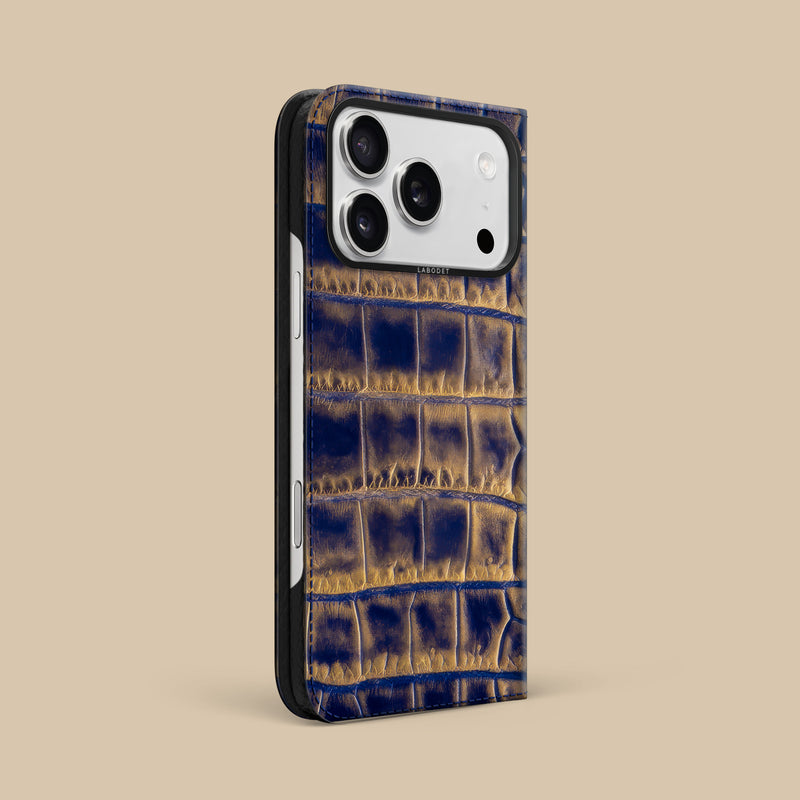 Golden-Blue iPhone 17 Pro Max Folio Case 1/1 Alligator with Black Metal -1 | Golden-Blue-Black