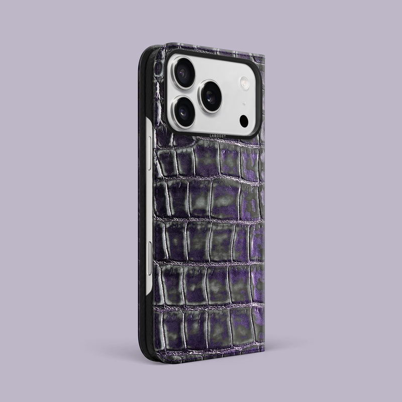 Grey-Petroleum iPhone 17 Pro Max Folio Case 1/1 Alligator with Black Metal -1 | Grey-Petroleum-Black