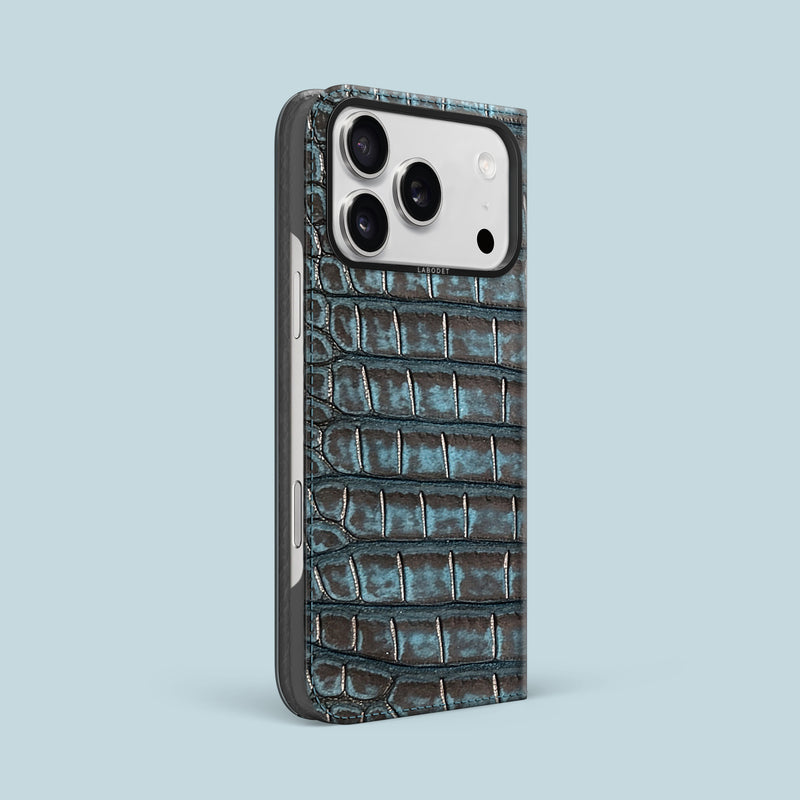 Nubuck-Abyss iPhone 17 Pro Max Folio Case 1/1 Alligator with Black Metal -1 | Nubuck-Abyss-Black