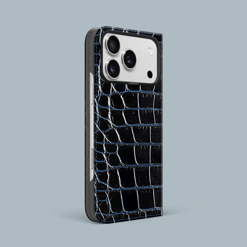 Obsidian-Blue iPhone 17 Pro Max Folio Case 1/1 Alligator with Black Metal -1 | Obsidian-Blue-Black